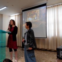 A short-termer sharing her testimony while at church in Colombia